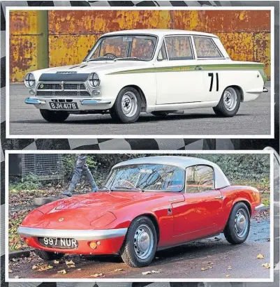  ?? ?? REMARKABLE: Jim Clark, top right and his legendary Lotus Cortina, top, and Lotus Elan, above. Far right: The Cortina’s powerful engine.