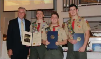  ?? SUBMITTED PHOTO ?? From left: State Rep. Todd Stephens presented House citations and congratula­tes Troop 542 Boy Scouts Joseph “Peter” Wright, Zachery Rineer and Peter Decker on earning the rank of Eagle Scout.