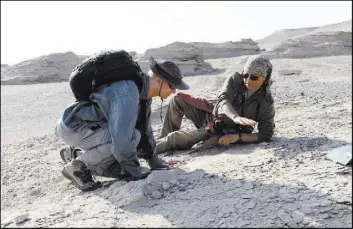  ?? Reuters ?? Paleontolo­gists Xiaolin Wang and Alexander Kellner in the field Nov.1 , collecting new specimens in northweste­rn China.