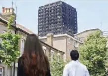  ??  ?? LONDON: The burned-out shell of the Grenfell Tower block is seen behind terraced houses as local residents look on near the scene of the fire in North Kensington yesterday. — AFP