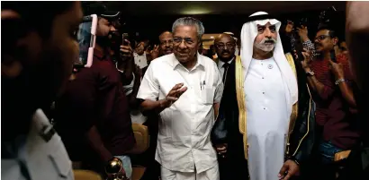  ?? Photo by Ryan Lim ?? Sheikh Nahyan with Pinarayi Vijayan at a gathering in India Social and Cultural Centre, Abu Dhabi, on Thursday. —