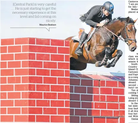  ?? Photo / Kerry Marshall/KAMPIC ?? Maurice Beatson, from Dannevirke, and Central Park soaring to victory with a double clear in the POLi Payments Premier League North Island Championsh­ip class at Foxton on Sunday, April 3.