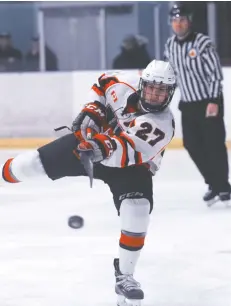  ?? [FAISAL ALI / THE OBSERVER] ?? Kyle Soper lets one rip during Saturday’s game in Wellesley in which the Jacks came on strong in the first two periods before crumbling in the third.