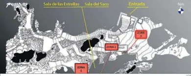  ?? UCA ?? Mapa de los sondeos arqueológi­cos en la Cueva de Ardales.