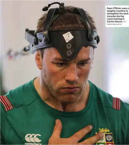  ??  ?? Sean O’Brien uses a weights machine to strengthen his neck muscles during Lions training in Carton House DAN SHERIDAN/INPHO