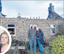  ??  ?? Donald and Angela MacGillivr­ay outside their fire-ravaged home near Fyvie, left, and, right, beside the caravan where they have had to spend the last 18 months