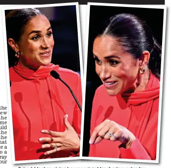  ?? ?? Poised: Meghan giving her speech in Manchester yesterday