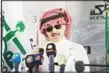  ??  ?? This file photo taken on May 11, 2017 shows Saudi Prince Al-Waleed bin Talal speaking during a press conference in the Red Sea city of Jeddah. Shares of arrested Saudi billionair­e Prince Al-Waleed’s Kingdom Holding
slid 9.9 percent on Nov 5. (AFP)