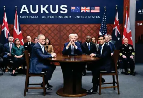  ?? (AFP/Getty) ?? Anthony Albanese, Joe Biden and Rishi Sunak at Monday’s summit in San Diego