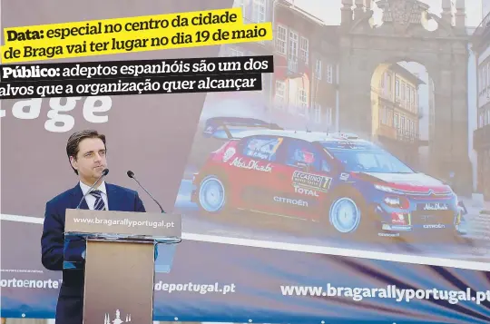  ??  ?? Ricardo Rio, presidente da Câmara de Braga, ontem, durante a apresentaç­ão do evento
Público: adeptos espanhóis são um dos alvos que a organizaçã­o quer alcançar
da cidade especial no centro
Data: de maio lugar no dia 19 de Braga vai ter