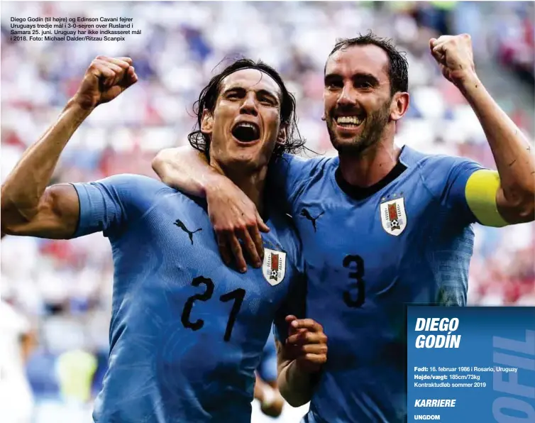  ??  ?? Diego Godín (til højre) og Edinson Cavani fejrer Uruguays tredje mål i 3-0-sejren over Rusland i Samara 25. juni. Uruguay har ikke indkassere­t mål i 2018. Foto: Michael Dalder/Ritzau Scanpix