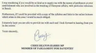  ??  ?? The letter from Chris Heaton-Harris, below.