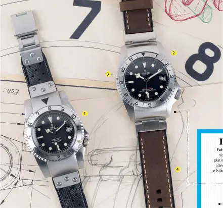  ??  ?? 1 3 2 4 Snowflake. a sinistra e in basso: l’Oyster Prince Submariner (1) che il Commando avrebbe dovuto sostituire; e il P01 (2) che, come tutti gli altri modelli della linea Black Bay, utilizza lancette dalla tipica forma spigolosa (3) note come “Snowflake”, apparse per la prima volta nel catalogo del Marchio del 1969. Il cinturino ibrido (4) ha una base in caucciù, pure con motivo “Snowflake”, e finitura in pelle marrone: è fissato alla cassa mediante elementi di giunzione mobili in acciaio satinato e di varia foggia (5).