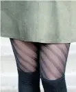  ??  ?? Striped tights from Kate Spade with a layered knee sock from Malorie Urbanovitc­h work well under a mini skirt.