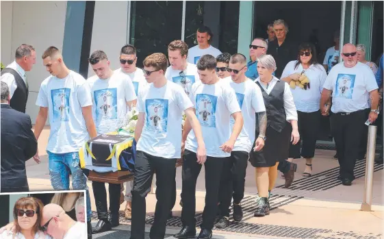  ?? Pictures: AAP IMAGE ?? Moving tributes were paid to stabbing victim Jack Beasley when his funeral was held at the Southport Church of Christ yesterday. (Inset) Jack’s parents Brett and Belinda Beasley outside the church.