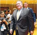  ?? THE ASSOCIATED PRESS ?? U.S. Secreatry of State Mike Pompeo arrives for a bilateral meeting with South Korea Foreign Minister Kang Kyung-wha on the sidelines of the 51st ASEAN Foreign Ministers Meeting in Singapore on Saturday.