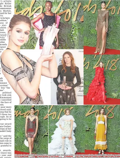  ?? — AFP photos ?? (Clockwise from top left) Sudanese-British supermodel Alek Wek poses on the red carpet upon arrival to attend the British Fashion Awards 2018 in London on Dec 10. • Kendall Jenner; English model Fran Summer; model Alexa Chung; Danish model Josephine Skriver-Karlsen; British model Neelam Gill; US model Kaia Gerber poses with her award for Model of the Year and Givency’s British fashion designer Clare Waight Keller poses with her award for British designer of the year.