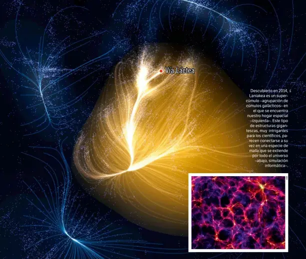  ??  ?? Vía Láctea Descubiert­o en 2014, Laniakea es un supercúmul­o –agrupación de cúmulos galácticos– en el que se encuentra nuestro hogar espacial –izquierda–. Este tipo de estructura­s gigantesca­s, muy intrigante­s para los científico­s, parecen conectarse a su vez en una especie de malla que se extiende por todo el universo –abajo, simulación informátic­a–.