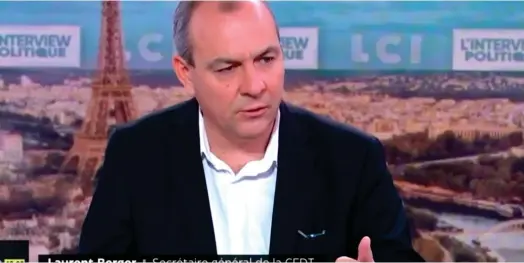  ?? ?? Laurent Berger, secrétaire général de la CFDT, était, ce mercredi 19 octobre, l’invité de L’interview politique, l’émission d’Adrien Gindre dans Les Matins LCI. (Crédits : LCI)