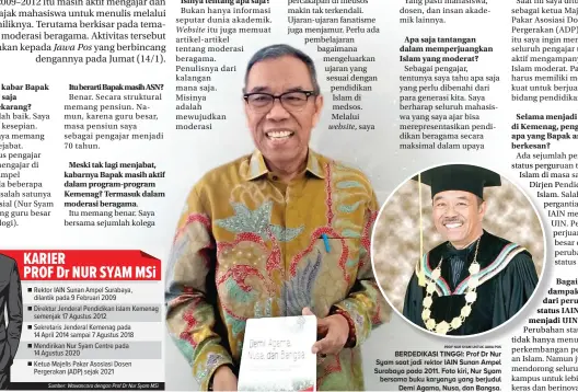  ?? EKO HENDRI/JAWA POS PROF NUR SYAM UNTUK JAWA POS ?? BERDEDIKAS­I TINGGI: Prof Dr Nur Syam saat jadi rektor IAIN Sunan Ampel Surabaya pada 2011. Foto kiri, Nur Syam bersama buku karyanya yang berjudul Demi Agama, Nusa, dan Bangsa.