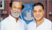  ?? PTI ?? Rajinikant­h (left) and Kamal Hassan met in Chennai on Sunday.