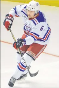  ?? JASON SIMMONDS/JOURNAL PIONEER ?? Defenceman Brodie MacMillan of Stratford scored his first goal as a Summerside D. Alex MacDonald Ford Western Capital on Saturday night. The Caps defeated the Woodstock Slammers 4-1 in the MHL (Maritime Junior Hockey League).