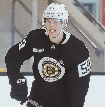  ?? STAFF PHOTO BY MATT WEST ?? LOOKING GOOD: Teenage defenseman Urho Vaakanaine­n, a 2017 first-round pick, has been a bright spot in Bruins preseason camp.