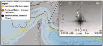  ?? EPA PIC ?? A handout photo released by the United States Department of Defence on Thursday showing the flight path and grid plot for the RQ-4A shot down by Iran in the Strait of Hormuz.
