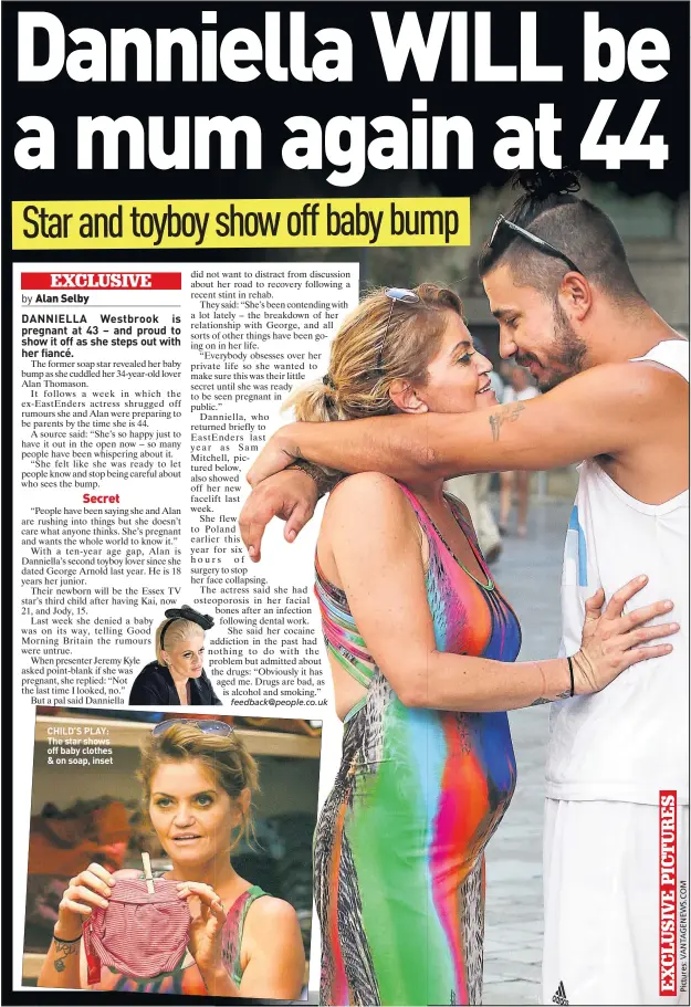  ??  ?? CHILD’S PLAY: The star shows off baby clothes & on soap, inset