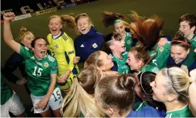  ??  ?? Northern Ireland players celebrate after their 5-1 win over the Faroes at Seaview. Photograph: William Cherry/Presseye