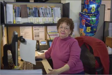  ?? MARIAN DENNIS — MEDIANEWS GROUP ?? Patricia Plumley, who recently celebrated her 85th birthday, has no intentions of slowing down at the job she’s held for 17 years. Plumley took the job at Great Valley Publishing after she had officially “retired” in her 60s.