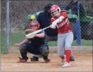  ?? AUSTIN HERTZOG - MEDIANEWS GROUP ?? Owen J. Roberts’ Casey Walker rips a double to left-center field against Upper Perkiomen Wednesday.