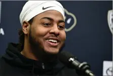  ?? MATTHEW JONAS — STAFF PHOTOGRAPH­ER ?? Colorado Buffaloes freshman tackle Jordan Seaton speaks during a spring football media day in Boulder on March 20.