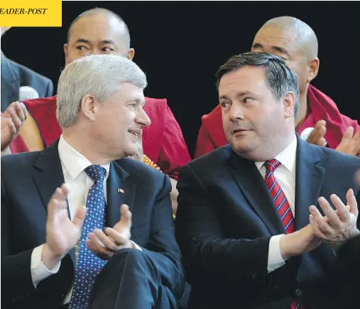 ?? SEAN KILPATRICK / THE CANADIAN PRESS ?? Stephen Harper with Jason Kenney last year. Both are slated to receive more than $120,000 in annual pension pay upon reaching the age of 55.