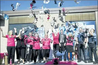  ?? JESSICA NYZNIK/EXAMINER ?? Partners and organizers of Bras Around the Building celebrate the launch of the 2015 campaign at the Canadian Cancer Society office on The Kingsway on Tuesday. The annual fundraiser raises money for cancer research. See Page A6 for a photo from the...