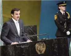  ??  ?? NEW YORK: The Emir of Qatar Sheikh Tamim bin Hamad Al-Thani speaks during the 72nd session of the United Nations General Assembly at UN headquarte­rs on Tuesday. — AP