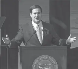  ?? TOM TINGLE/THE REPUBLIC ?? Doug Ducey speaks at his inaugurati­on ceremony Jan. 7 after being sworn in to his second term as governor of Arizona.