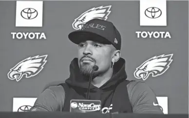  ?? MATT SLOCUM/AP ?? Eagles quarterbac­k Jalen Hurts speaks on Thursday at the team’s training facility in Philadelph­ia. The Eagles are set to play the Chiefs on Feb. 12 in Super Bowl 57.