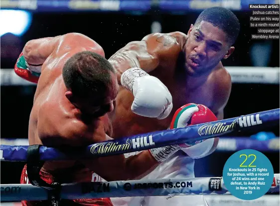  ?? PICTURE: GETTY ?? Knockout artist: Joshua catches Pulev on his way to a ninth-round stoppage at Wembley Arena