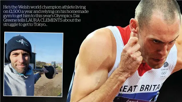  ??  ?? Dai Greene narrowly missed out on a medal in the men’s 400m hurdles in London 2012. Inset, Dai training for the Tokyo Olympics while he lives on his partner’s farm in England.