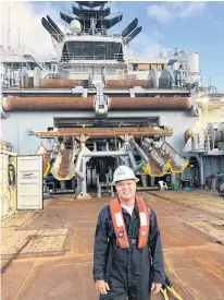  ?? ?? Bill Price on the deck of the Horizon Arctic, the support vessel for the 2021 Titanic expedition.