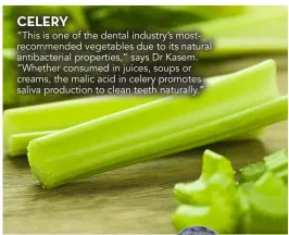  ??  ?? CELERY
“This is one of the dental industry’s mostrecomm­ended vegetables due to its natural antibacter­ial properties,” says Dr Kasem. “Whether consumed in juices, soups or creams, the malic acid in celery promotes saliva production to clean teeth naturally.”