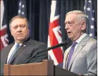  ?? KARL MONDON — STAFF PHOTOGRAPH­ER ?? Secretary of State Mike Pompeo, left, watches as Secretary of Defense Jim Mattis speaks at Stanford University.