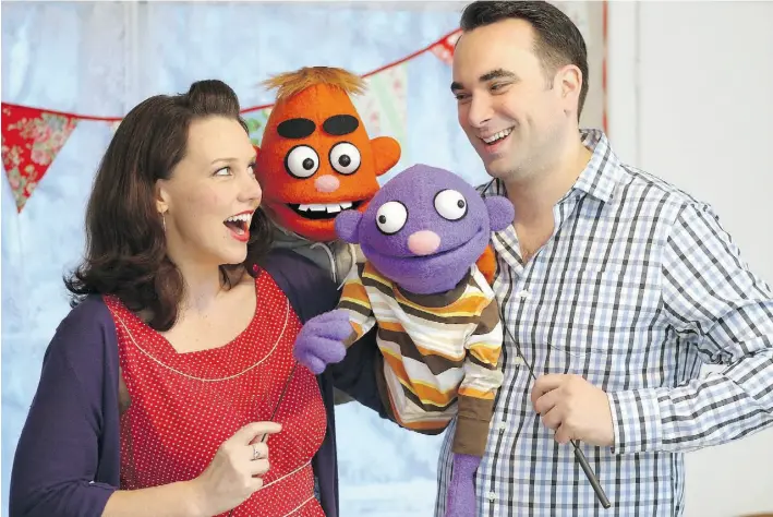  ?? Bruce Stotesbury/Postmedia News ?? Reb Stevenson, left, and Billy Reid at work with puppets Zack and Reggie in their home studio in Victoria, B.C., where they produce their YouTube hit series Pancake Manor.