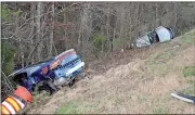  ?? Doug Walker / RN-T ?? A Georgia State Patrol car and Chrysler Sebring rest off the shoulder of Ga. 140 after Friday morning’s three-vehicle wreck.