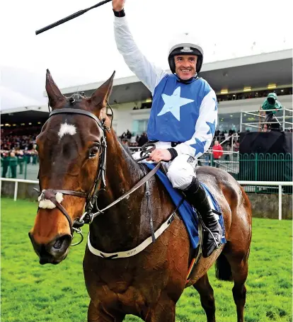  ?? SPORTSFILE ?? Happy days: Ruby Walsh shows his delight in victory after guiding Kemboy to glory in the Punchestow­n Gold Cup back in 2019