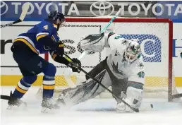  ?? Bay Area News Group/tns ?? San Jose Sharks goaltender Devan Dubnyk (40) defends against St. Louis Blues’ Carl Gunnarsson (4) during the first period of an NHL hockey game Monday, Jan. 18, 2021 in St. Louis.