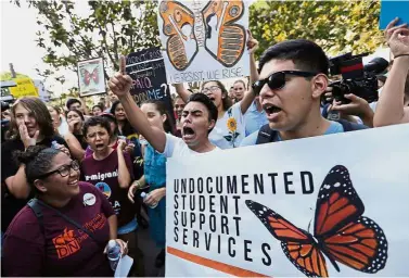  ?? — AP ?? Speaking up: Undocument­ed students joining a rally in support of the DACA programme outside the Edward Roybal Federal Building in downtown Los Angeles.