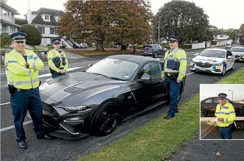  ??  ?? From left to right, Waikato road policing manager Inspector Jeff Penno, Constable Blair Treymane and Sergeant Tom Smart with an impounded Mustang.
The impounded cars were all taken away by tow trucks and will be held for 28 days.