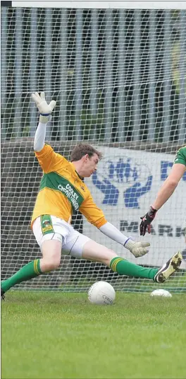  ??  ?? William Woods slots in a goal for Naomh Fionnbarra against Cooley.